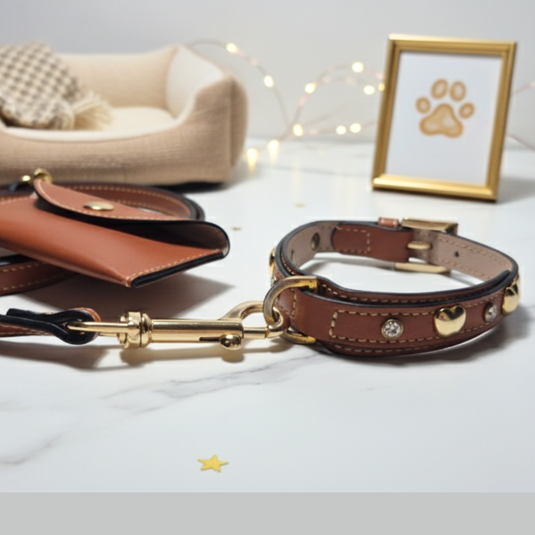 Set Collare con Cristalli e Guinzaglio in Pelle per Cani